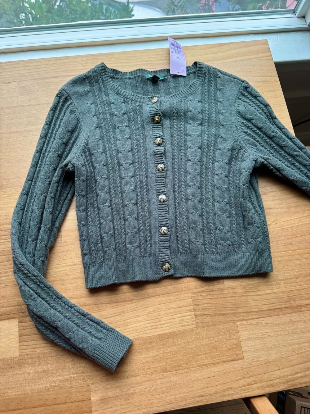 NWT Green Cable-Knit Button Cardigan Sweater Fall Layering Academia Classy